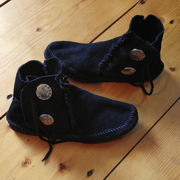 Shoes - Black Suede Leather Moccasins Ankle Booties
